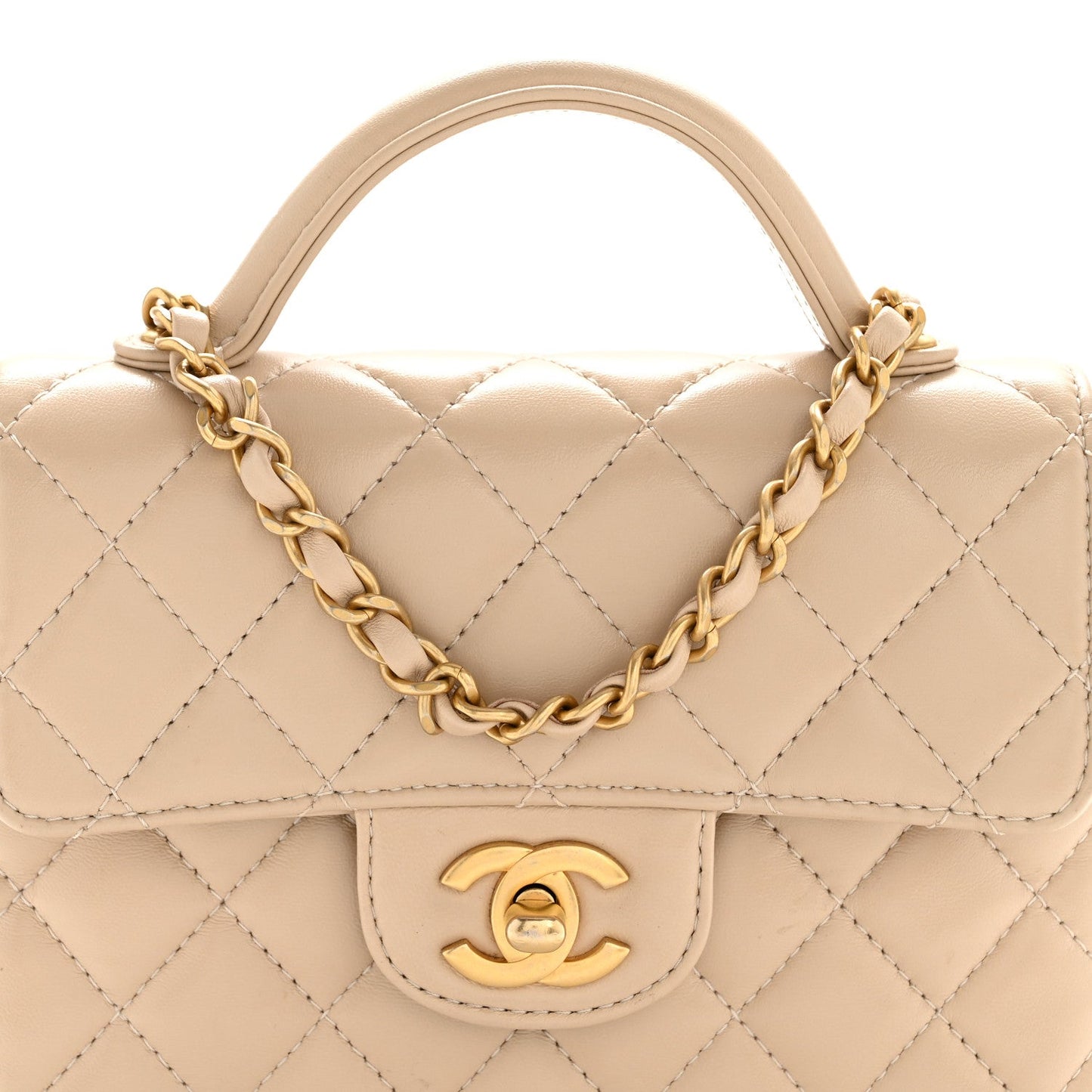 Lambskin Quilted Small Flap Top Handle Bag Beige