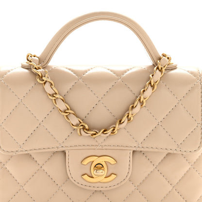 Lambskin Quilted Small Flap Top Handle Bag Beige