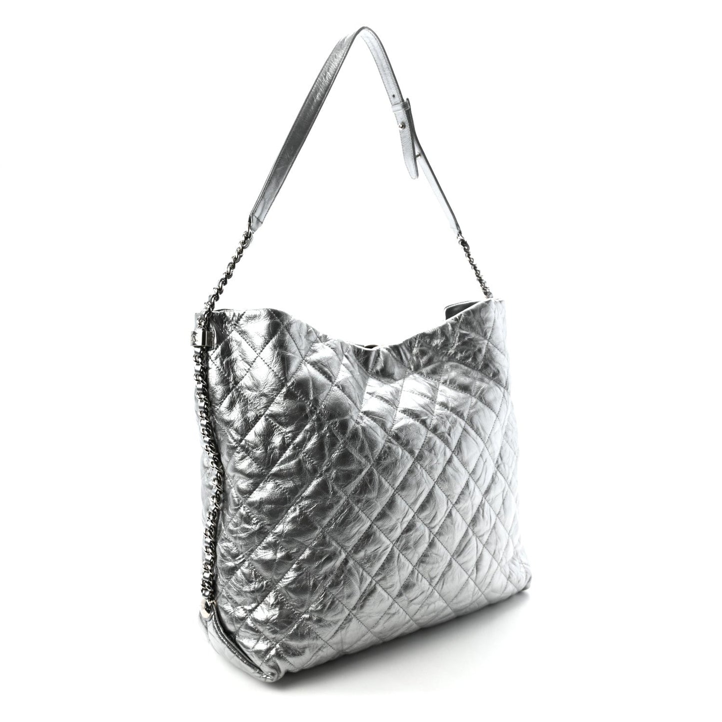 Metallic Crackled Calfskin Quilted Large Big Bang Hobo Silver