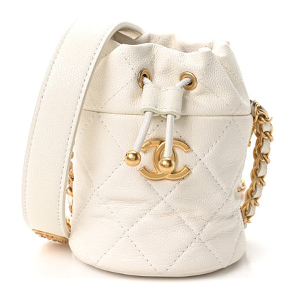 Caviar Quilted Twist Your Buttons Mini Bucket Bag White