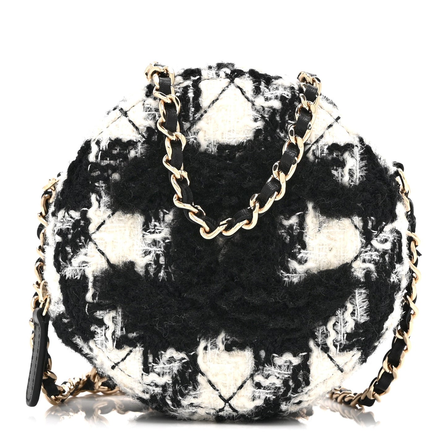 Wool Tweed Lambskin Quilted Round Clutch With Chain and Coin Purse Black White