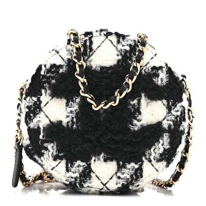 Wool Tweed Lambskin Quilted Round Clutch With Chain and Coin Purse Black White