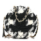 Wool Tweed Lambskin Quilted Round Clutch With Chain and Coin Purse Black White
