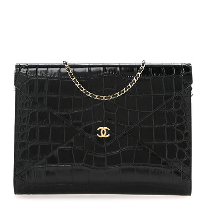 Calfskin Crocodile Embossed Croc Illusion Clutch With Chain Black
