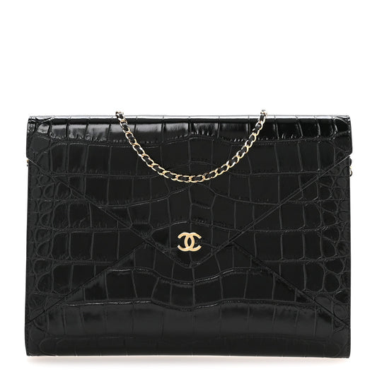 Calfskin Crocodile Embossed Croc Illusion Clutch With Chain Black