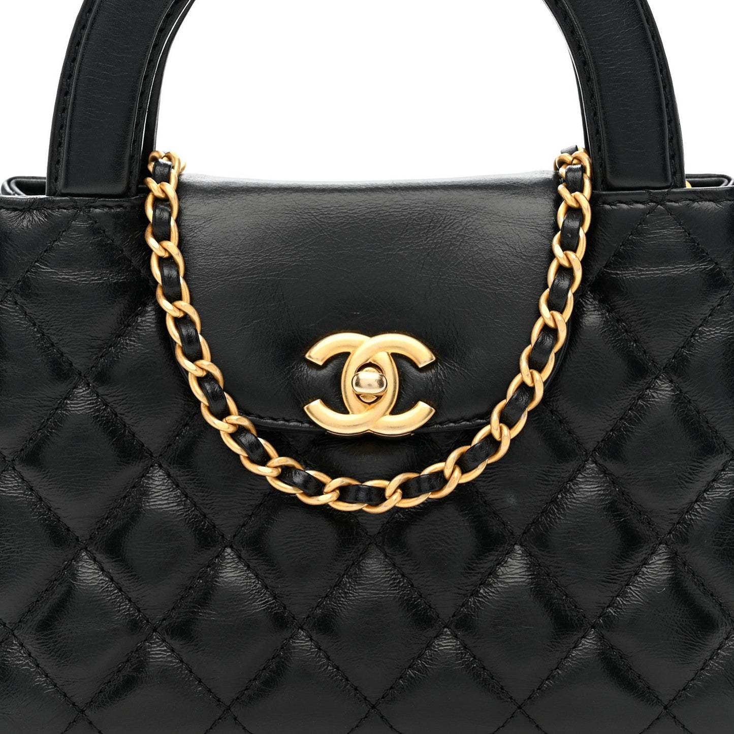 Shiny Aged Calfskin Quilted Nano Kelly Shopper Black