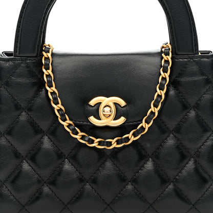 Shiny Aged Calfskin Quilted Nano Kelly Shopper Black