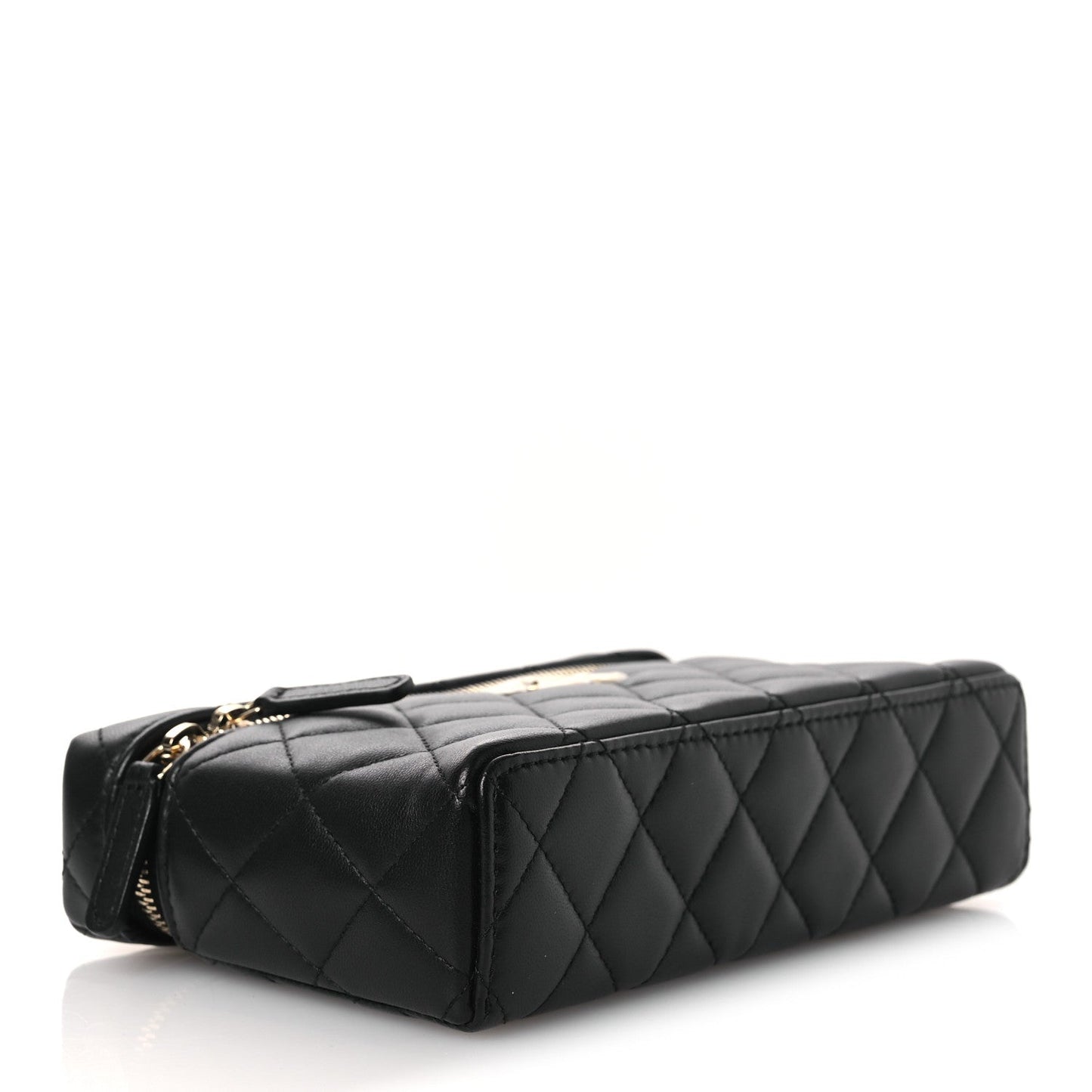 Lambskin Quilted Crystal CC Top Handle Slim Vanity Case With Chain Black