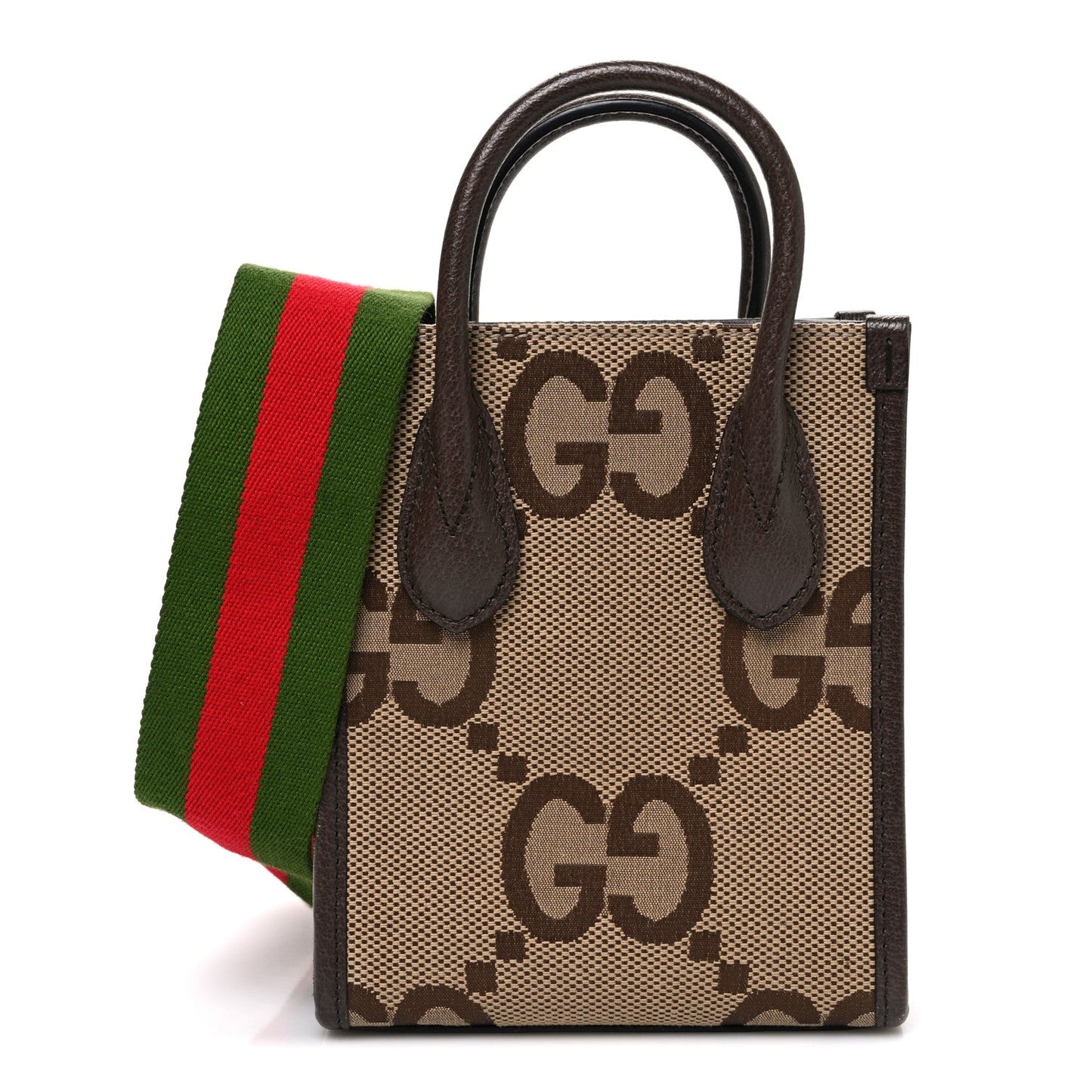 Monogram Jumbo GG Textured Dollar Calfskin Web Mini Vertical Tote Camel Ebony New Acero