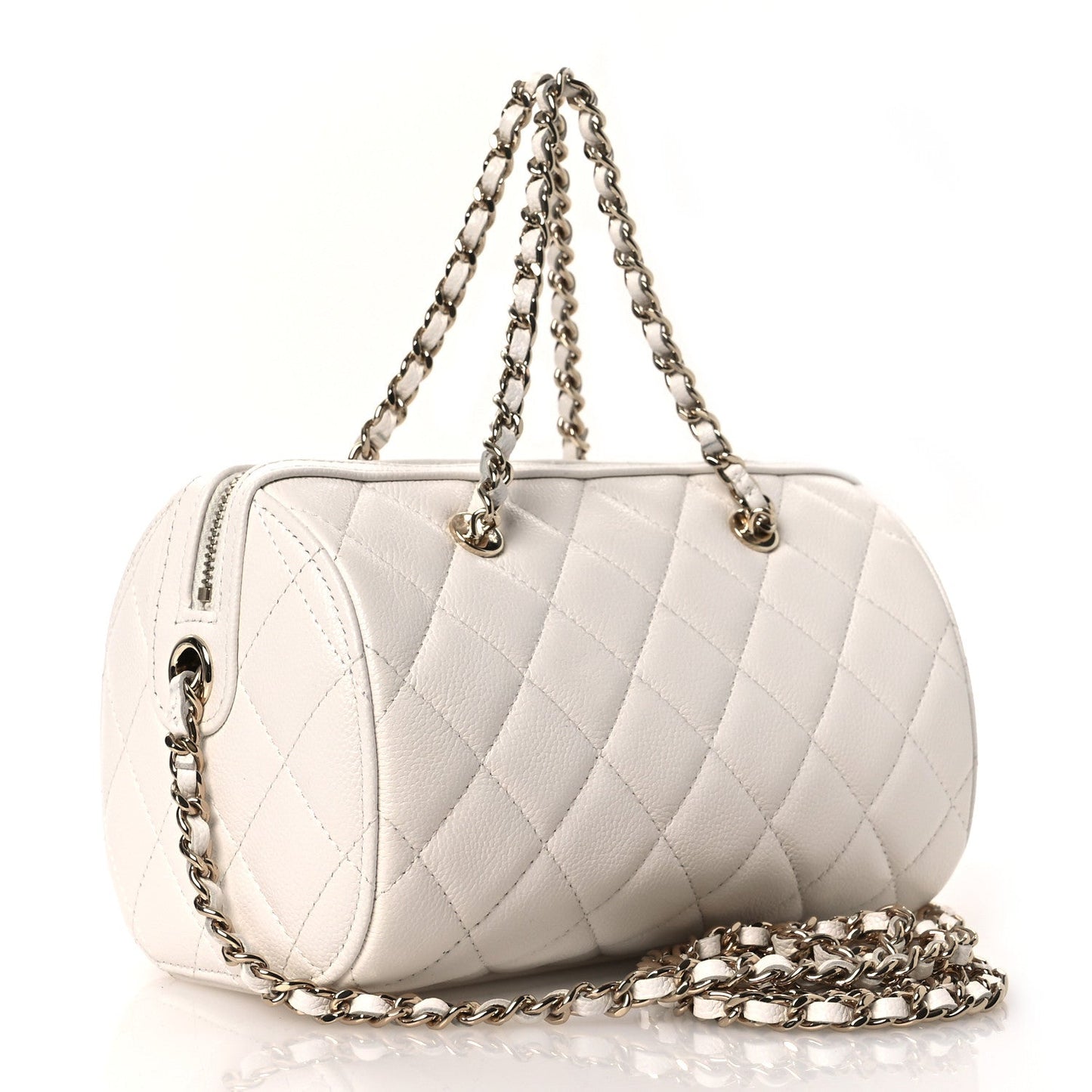 Caviar Quilted Barrel Clutch With Chain White