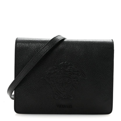 Grained Calfskin Embossed Medusa Flap Bag Black