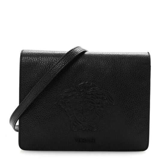 Grained Calfskin Embossed Medusa Flap Bag Black