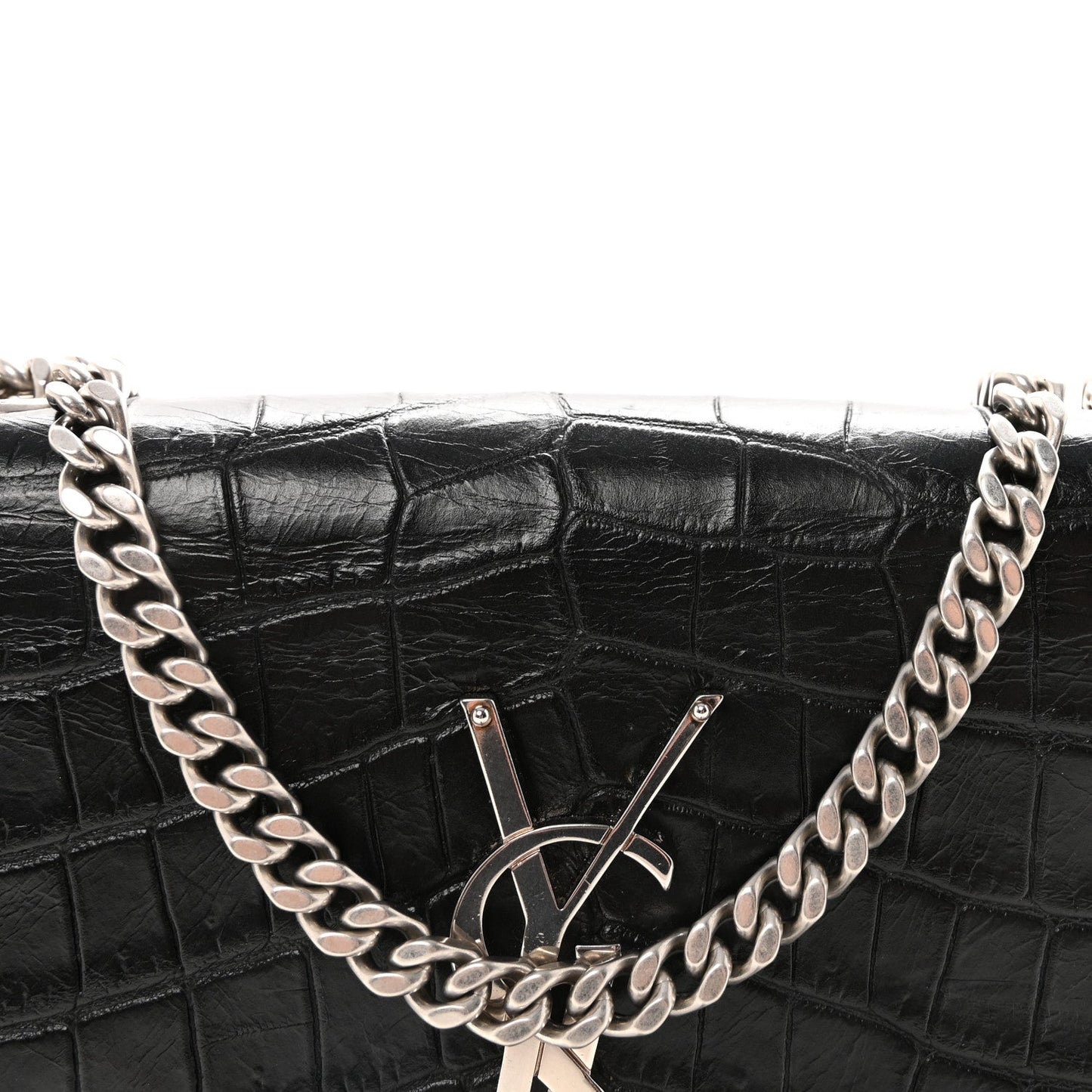 Calfskin Crocodile Embossed Small Classic Monogram Kate Tassel Satchel Black