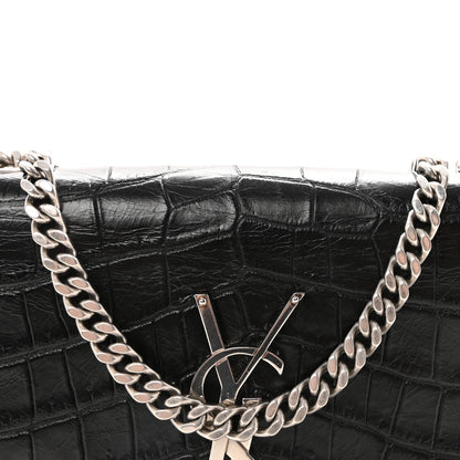 Calfskin Crocodile Embossed Small Classic Monogram Kate Tassel Satchel Black