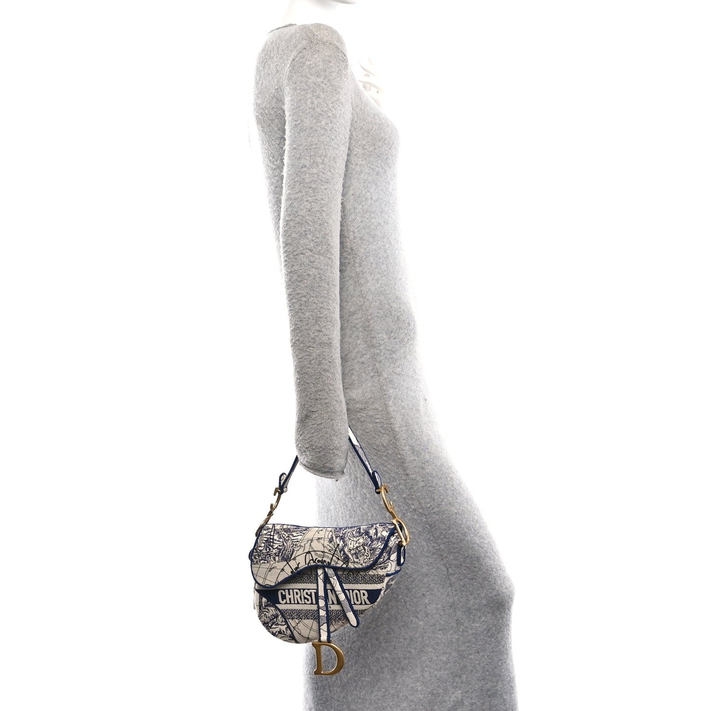 Canvas Embroidered Around the World Saddle Bag Blue
