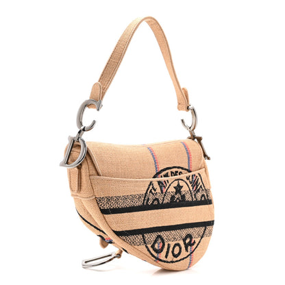 Canvas Jute Embroidered Saddle Bag Black Beige