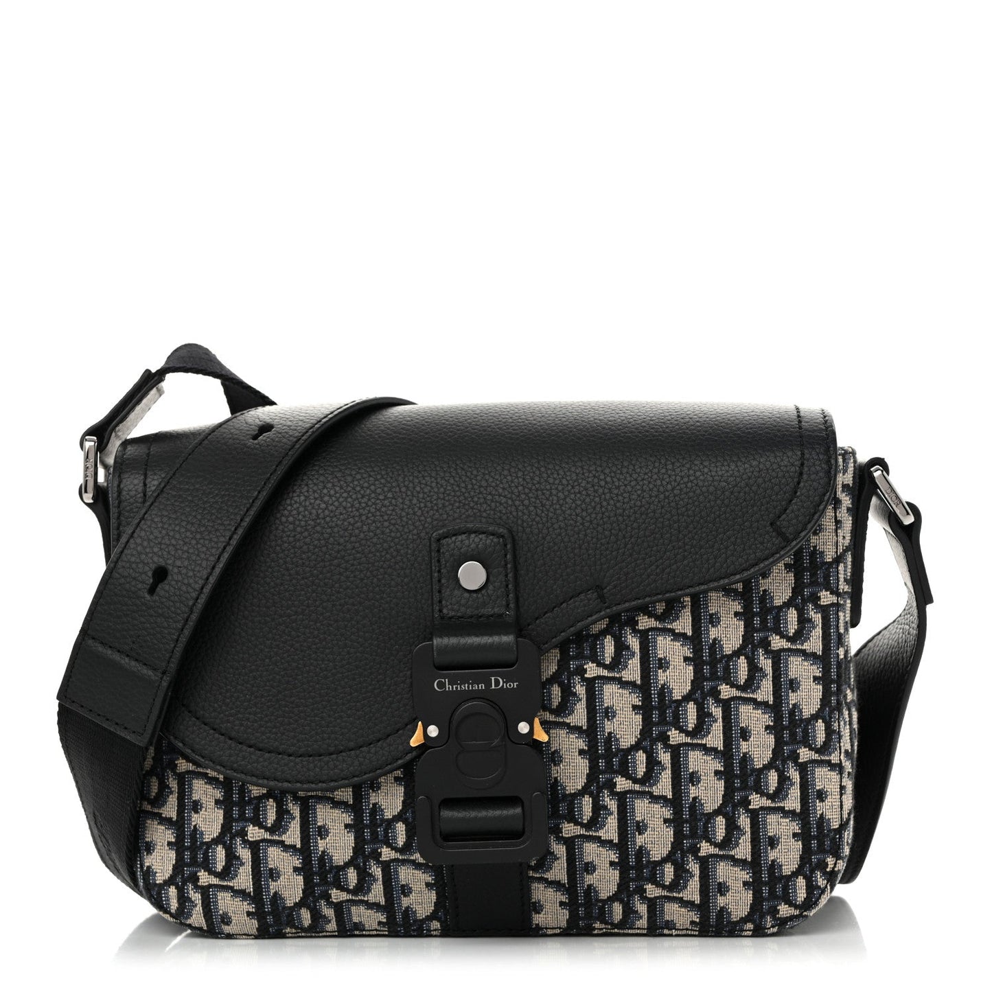 Oblique Jacquard Grained Calfskin Small Saddle Messenger Bag Beige Black