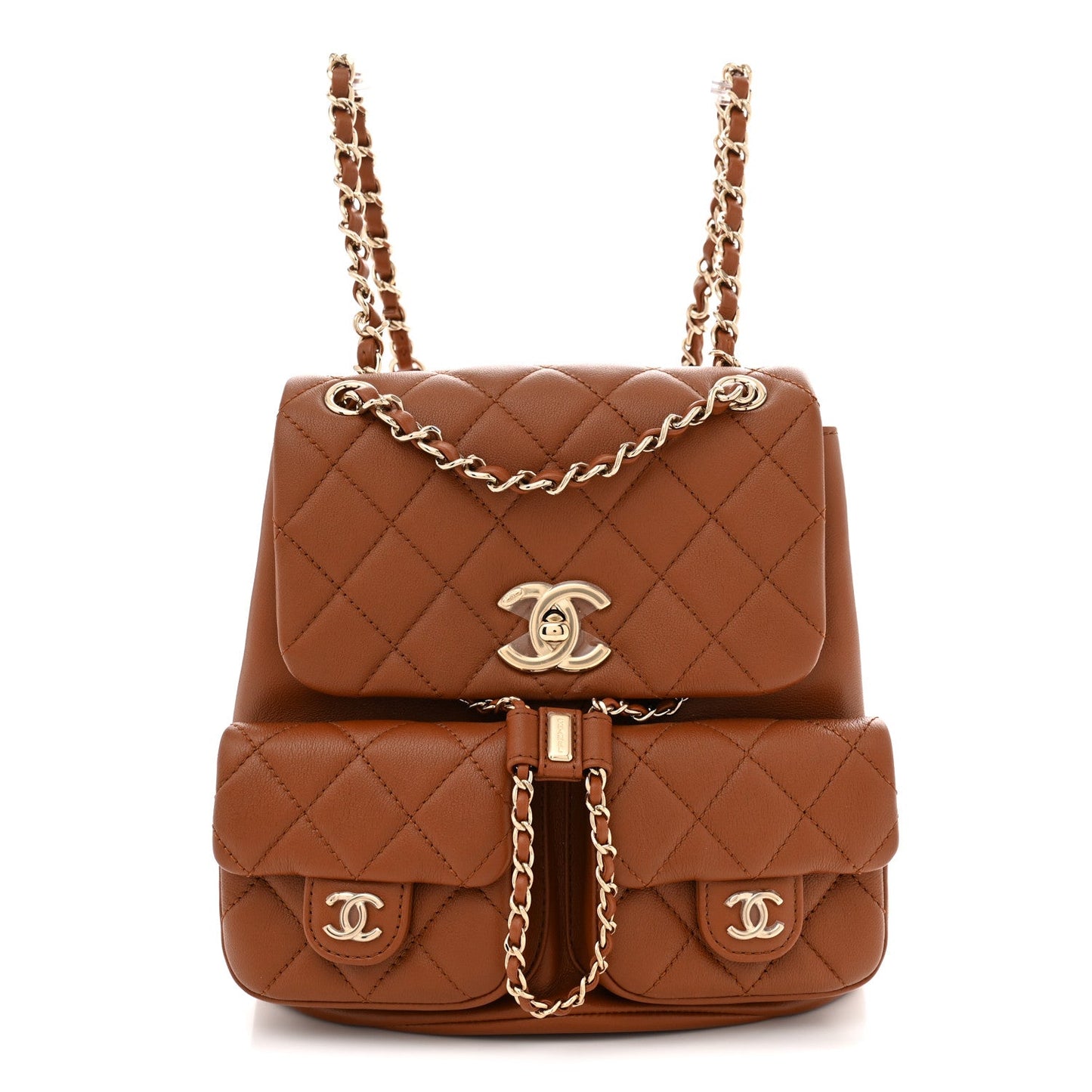 Calfskin Quilted Medium Duma Pockets Drawstring Backpack Light Brown
