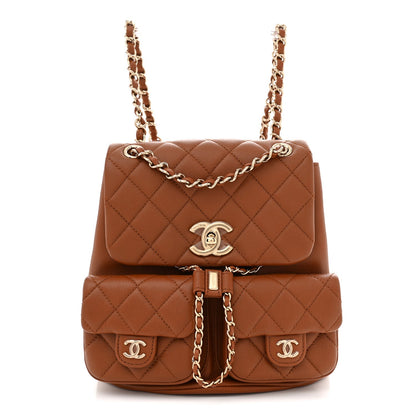 Calfskin Quilted Medium Duma Pockets Drawstring Backpack Light Brown