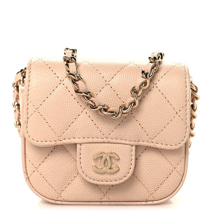 Caviar Quilted Mini Clutch With Chain Light Beige