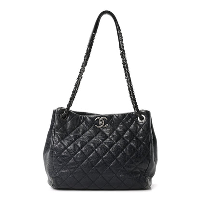 Glazed Calfskin Quilted Tote Navy