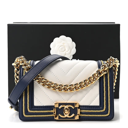 Calfskin Chevron Quilted Braided Small Boy Flap White Navy