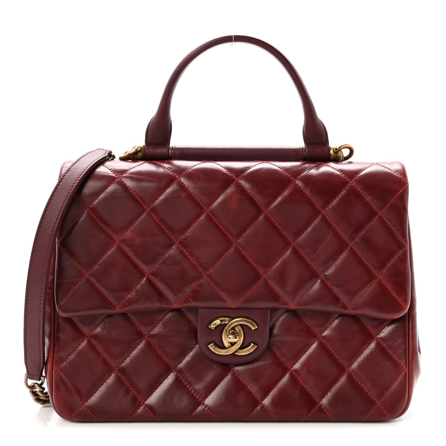 Glazed Calfskin Quilted Large Gold Bar Top Handle Flap Burgundy