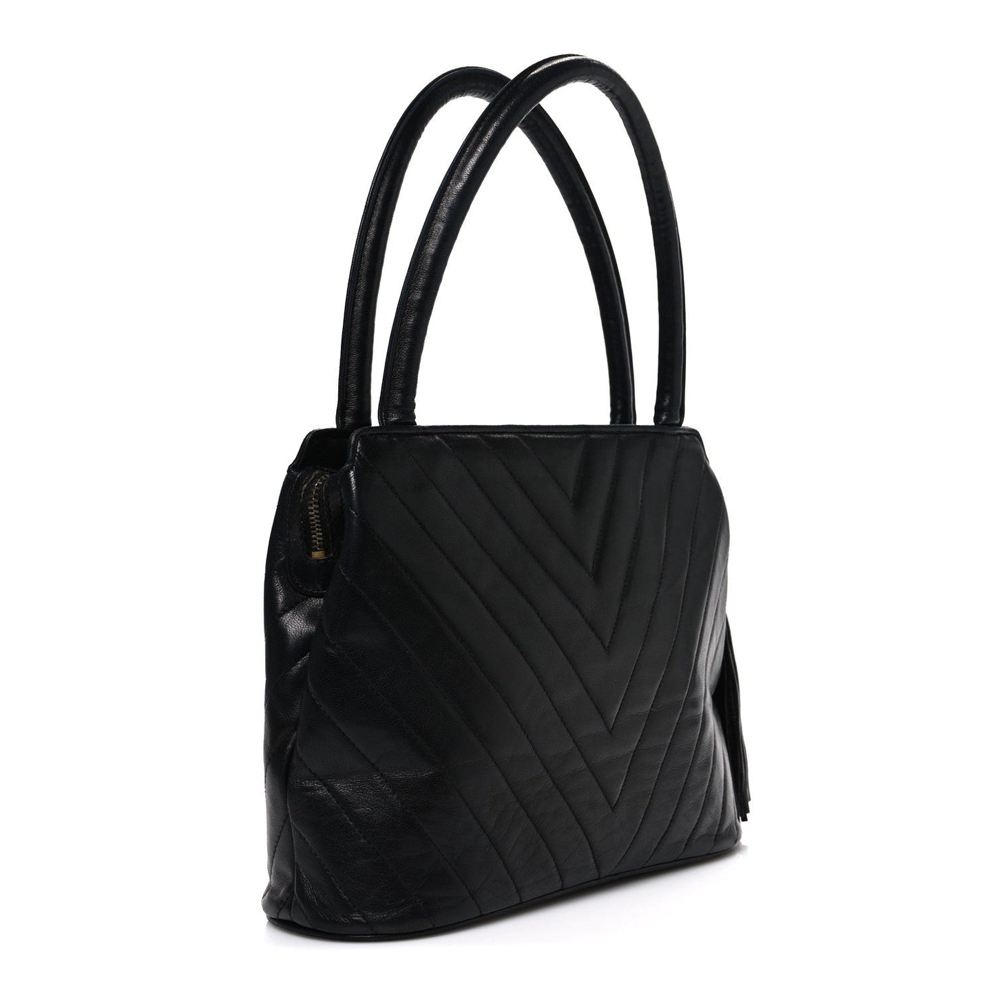 Lambskin Chevron Quilted Top Handle Tote Bag Black