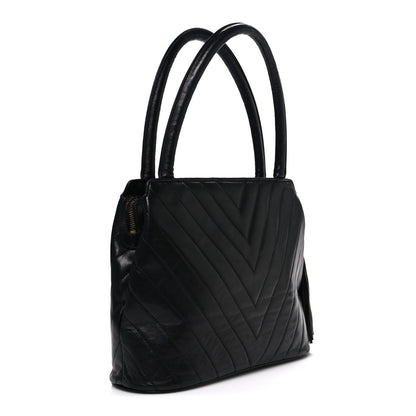Lambskin Chevron Quilted Top Handle Tote Bag Black