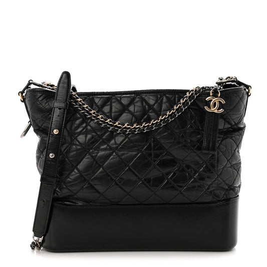 Aged Calfskin Quilted Large Gabrielle Hobo Black