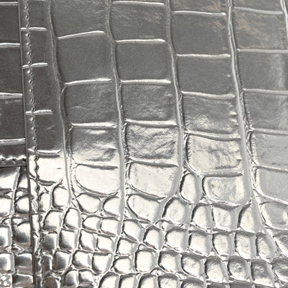 Metallic Calfskin Crocodile Embossed Hourglass Flap Flat Pouch Silver
