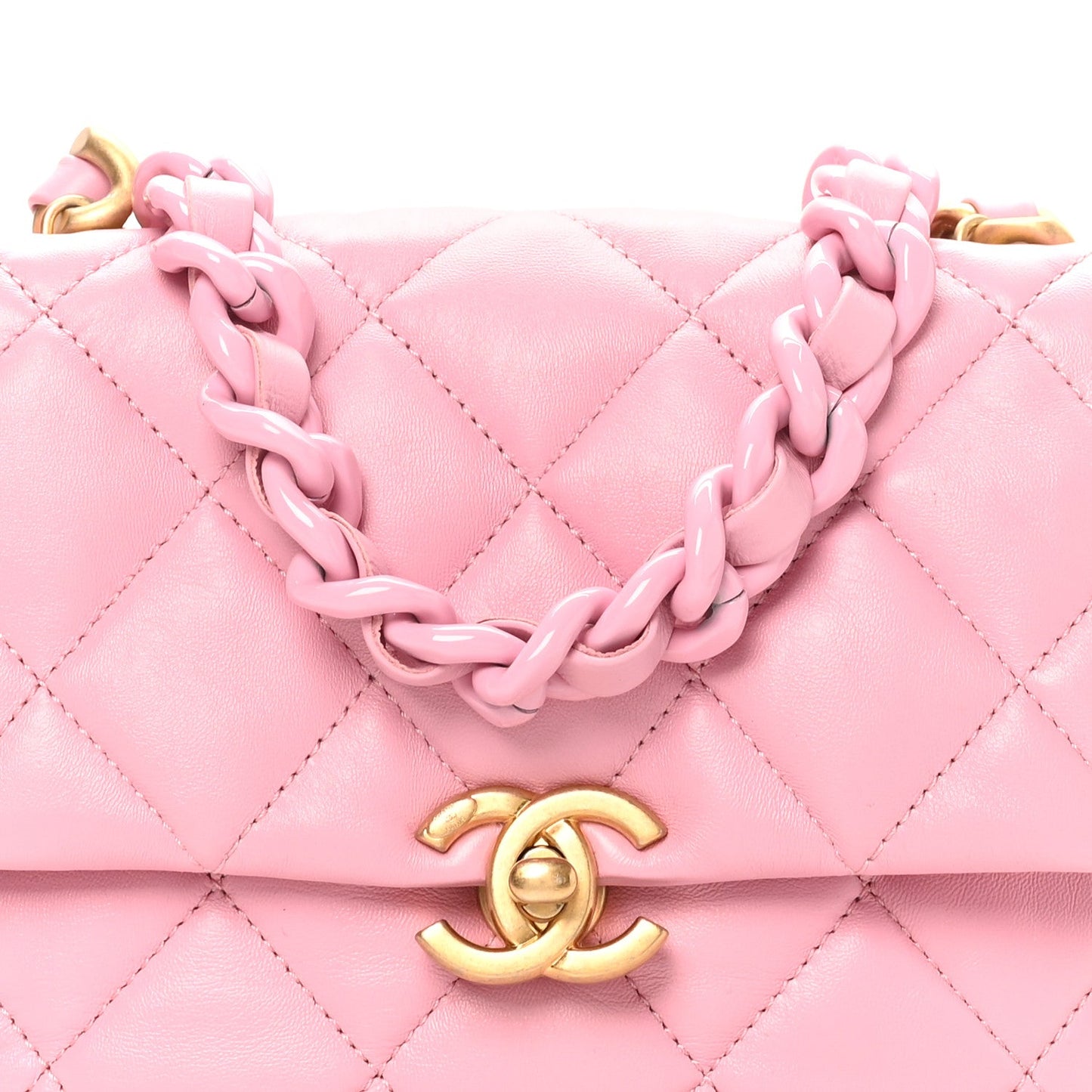 Lambskin Quilted Mini Lacquered Chain Flap Pink