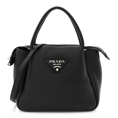 Vitello Daino Soft Mini Zippered Top Handle Bag Black