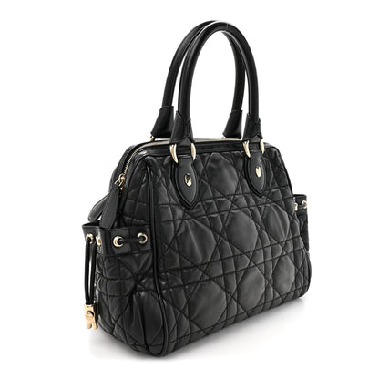 Lambskin Cannage Side Pocket Satchel Black