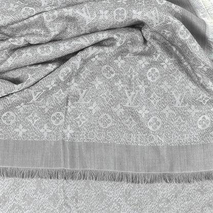 Silk Wool Monogram Infra Shawl Blue
