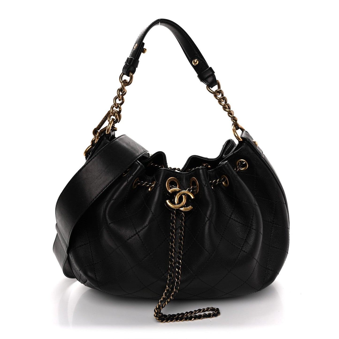 Calfskin Stitched Small Paris Rome Drawstring CC Bag Black