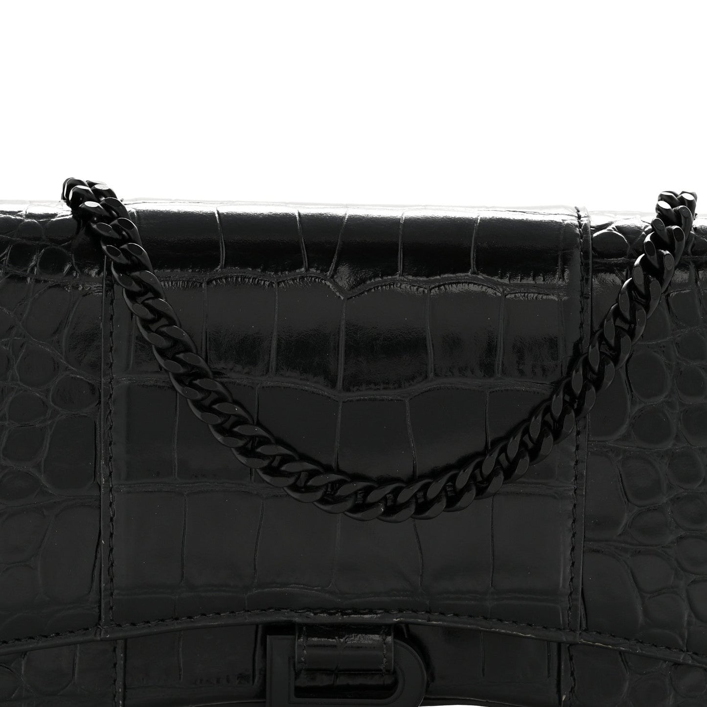 Shiny Calfskin Monochrome Crocodile Embossed Hourglass Chain Bag Black