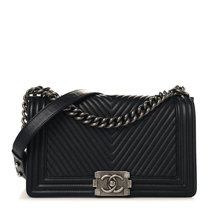 Calfskin Chevron Quilted Medium Chain Boy Flap Black