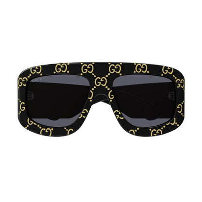 Gucci Sunglasses Square Full Rim, Black With Gold GG Pattern Frame and Grey Lens GG0983S004