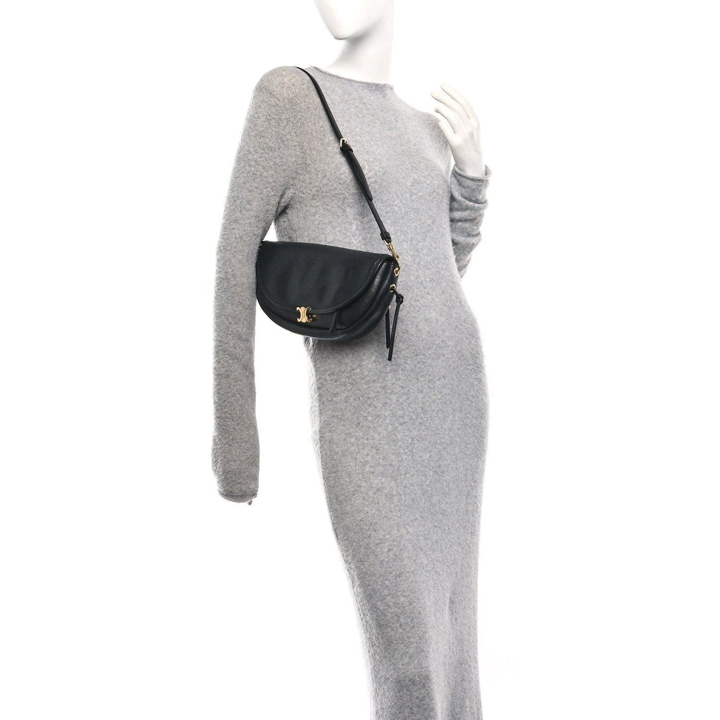 Shiny Lambskin Soft Triomphe Little Half Moon Bag Black