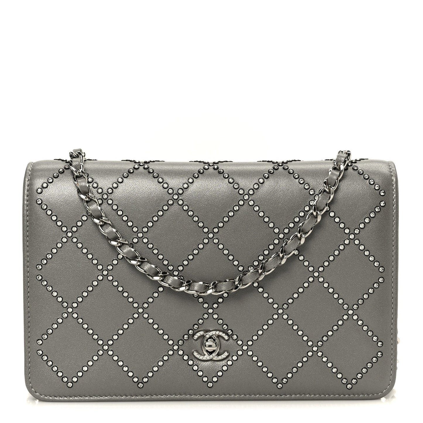 Lambskin Crystal Quilted Wallet On Chain WOC Grey