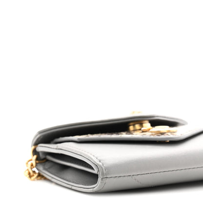 Calfskin Elaphe Double Chevron Card Case On Chain Grey