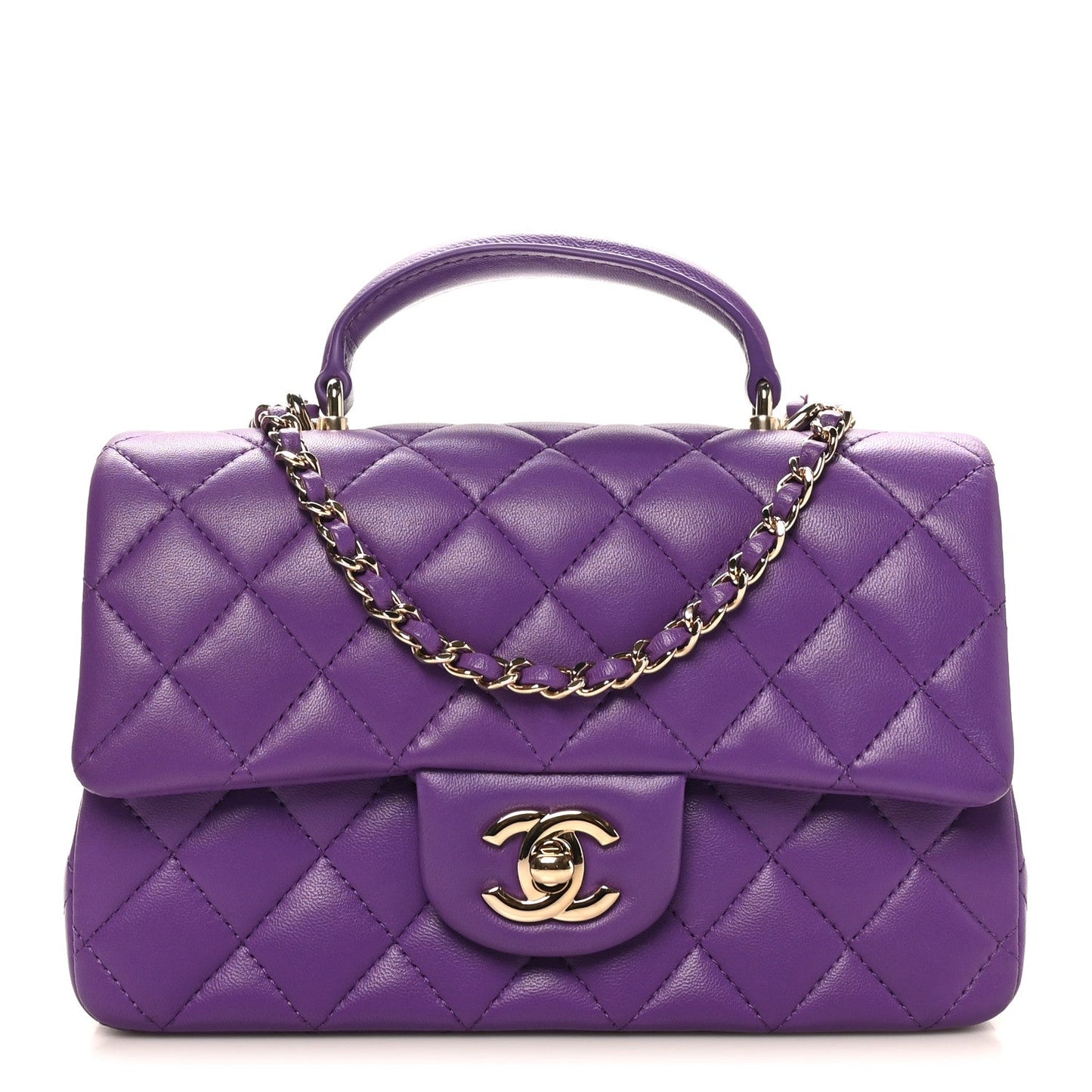 Lambskin Quilted Mini Top Handle Rectangular Flap Dark Purple