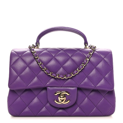 Lambskin Quilted Mini Top Handle Rectangular Flap Dark Purple