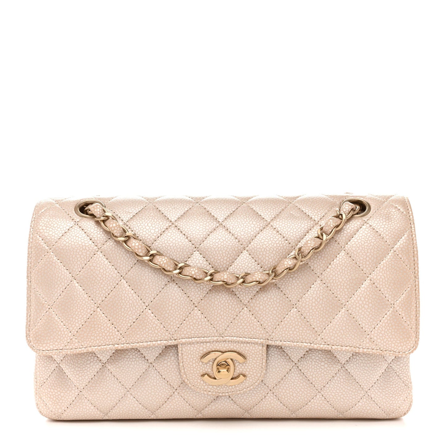 Pearly Caviar Quilted Medium Double Flap Light Beige