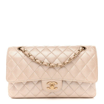 Pearly Caviar Quilted Medium Double Flap Light Beige