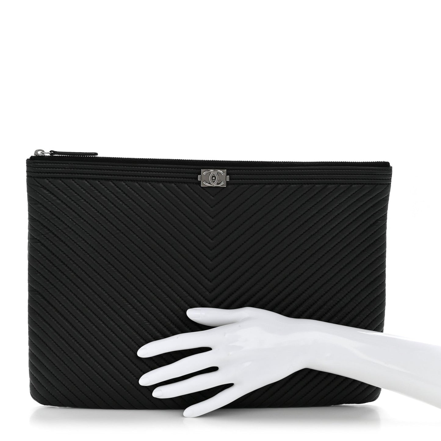 Calfskin Chevron Quilted Large Boy Cosmetic Case Black