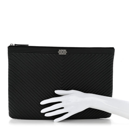 Calfskin Chevron Quilted Large Boy Cosmetic Case Black