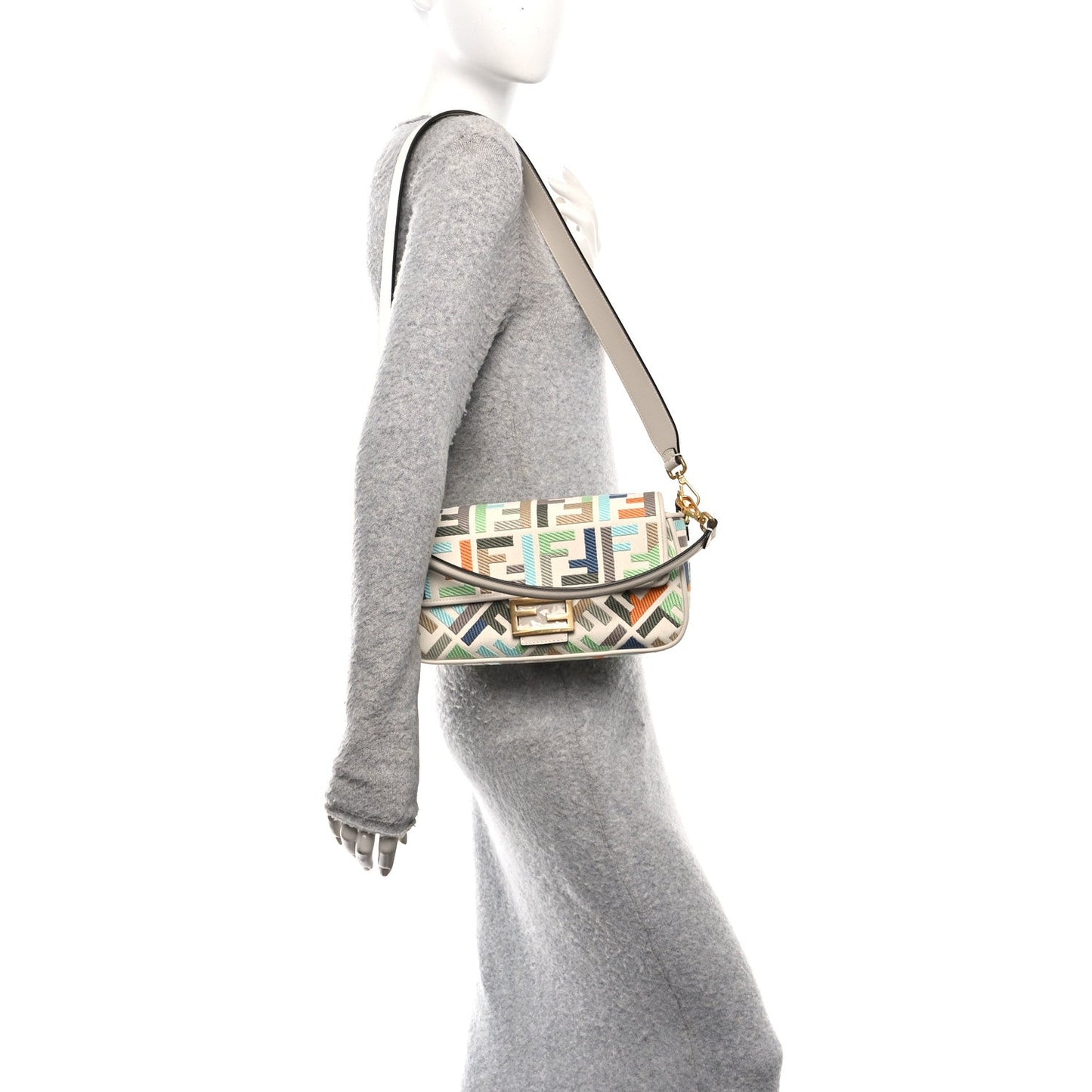 Canvas Vitello Seta FF Multicolor Embroidered Baguette Grezzo Multicolor Latte