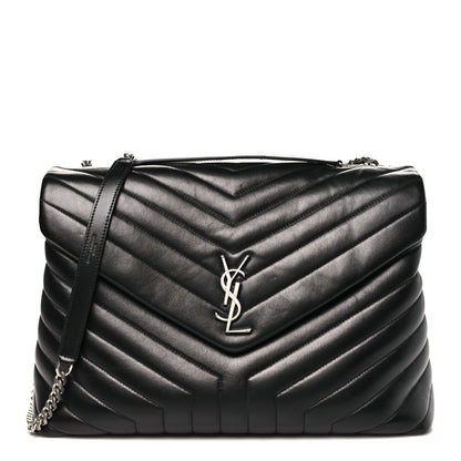 Calfskin Y Quilted Monogram Large Loulou Chain Satchel Black